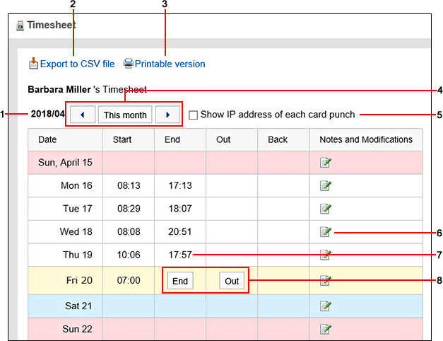 Timesheet screen