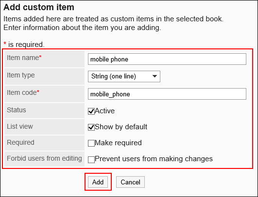 Screen to add custom items