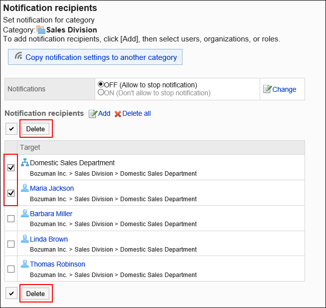 Image showing the selection of notification recipients to delete