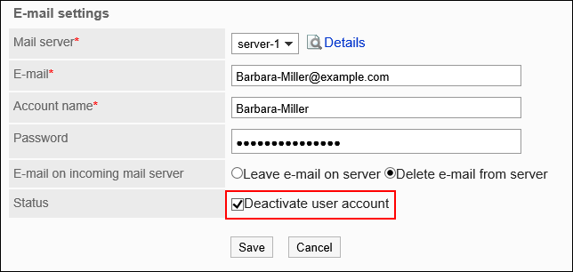 Image of Deactivate e-mail account checkbox is selected