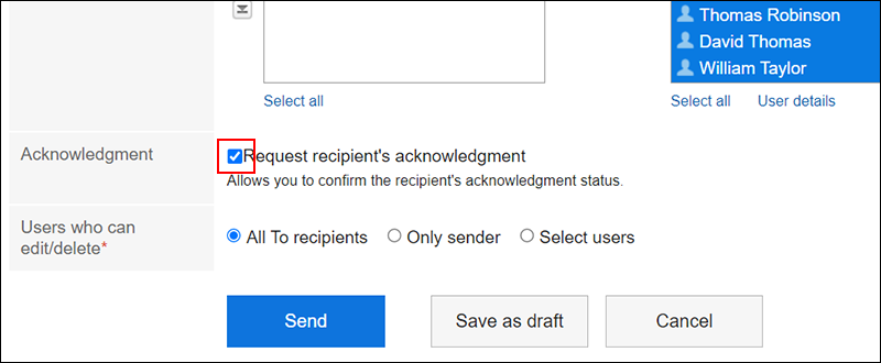 Screen capture: The "Request recipient's acknowledgment" checkbox is selected by default on the "Compose Messages" screen