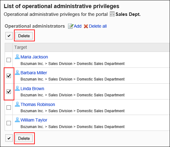 Image of operational administrative privileges selected to be deleted