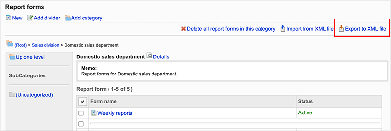 Screenshot: Link to Export to XML file is highlighted on the Report forms screen