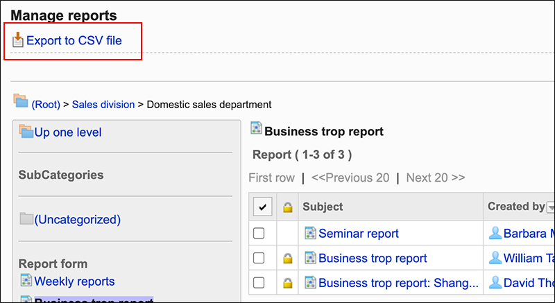 Screenshot: Link to Export to CSV file is highlighted on the Manage reports screen