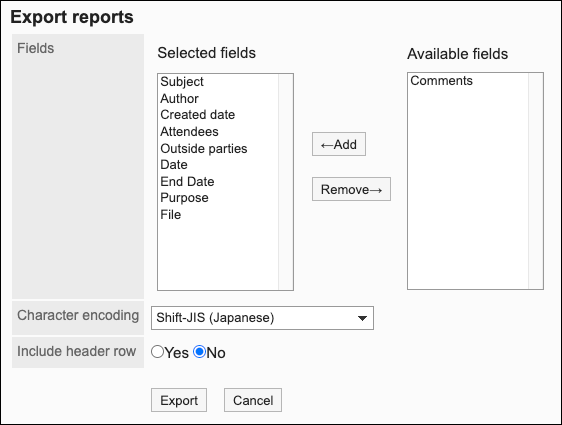 The "Export reports" screen, with necessary settings to export data to a CSV file