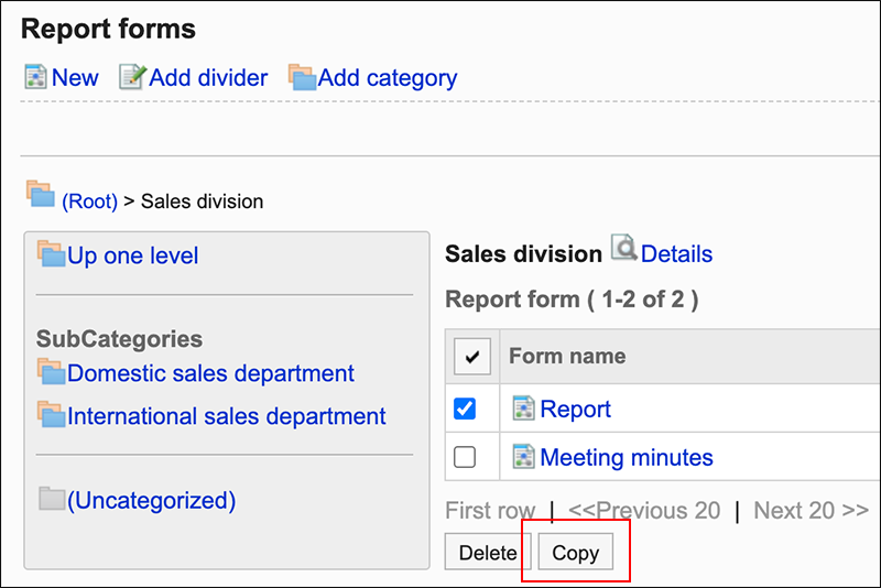 Screenshot: Button to copy is highlighted on the Report forms screen