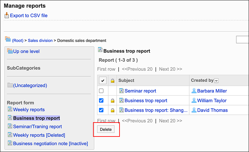 Screenshot: Button to delete is highlighted on the Manage reports screen