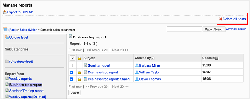 Screenshot: Link to delete all items is highlighted on the Manage reports screen