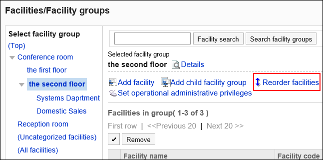 Screen capture: Image of a link to change the order of the facilities