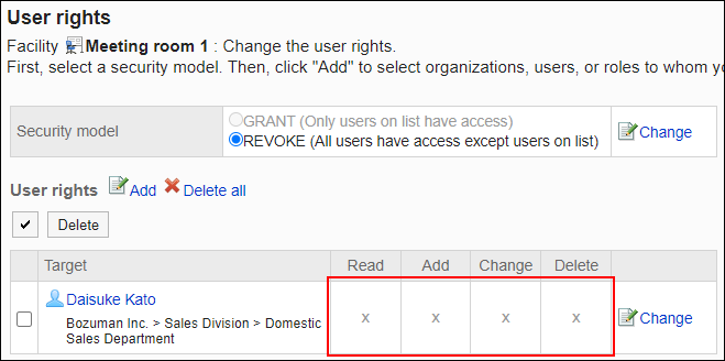 Screenshot: Example of permission settings. All permissions have been removed