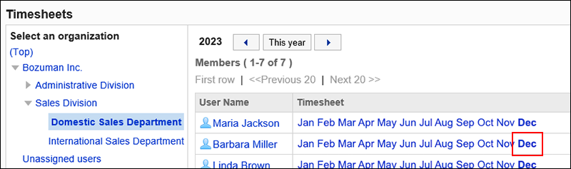 Screenshot: The timesheet list screen with an organization and the month to export being highlighted