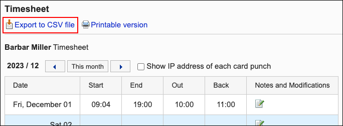 Screenshot: The timesheet list screen with the "Export to CSV file" action link highlighted
