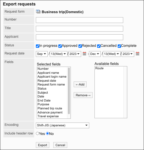 The "Export request" screen, with necessary settings to export data to a CSV file