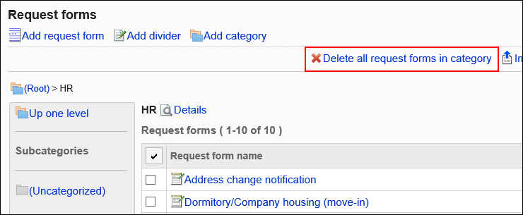 Image of a delete all request forms in a category action link