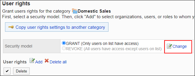 Screenshot: Link to change is highlighted in the list of User rights screen