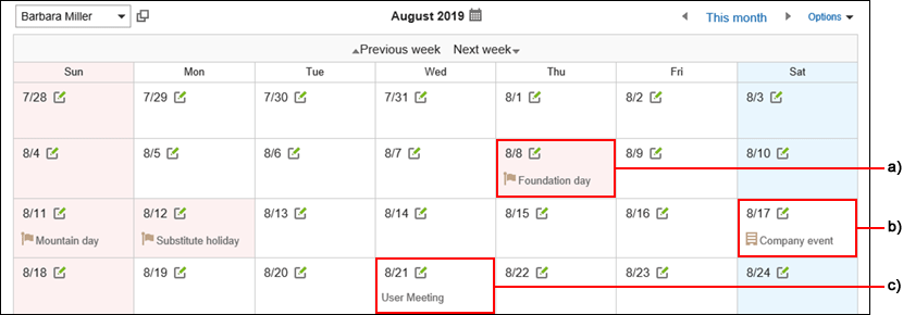 Image showing each event type displayed in the calendar