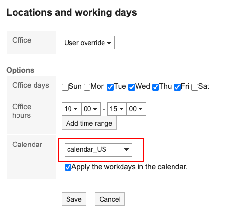 Screenshot: Selecting the calendar in which events have been added in the "Office settings" screen