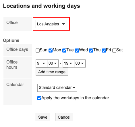 Screenshot: Selecting the office using the calendar in the "Office settings" screen
