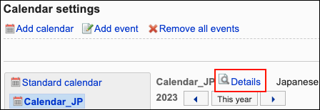 Screenshot: The "Details" link is highlighted in the "Calendar settings" screen