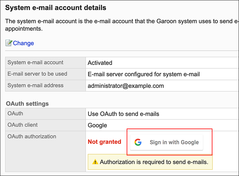 Screenshot: Button to sign in to OAuth is highlighted on the "System e-mail account details" screen