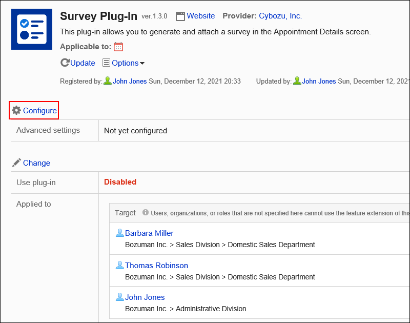 Screen capture: The "Plug-in details" screen. An action link to a screen to configure each plug-in is highlighted.