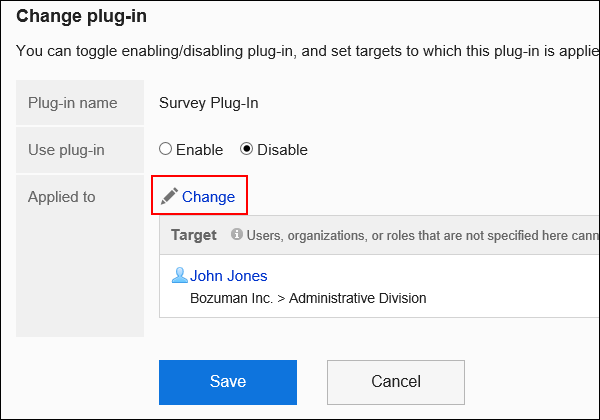 Screen capture: The "Change plug-in" screen. An action link to a dialog to select targets is highlighted.
