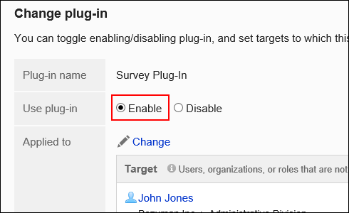Screen capture: The "Change plug-in" screen. A radio button to enable the use of the plug-in is selected.