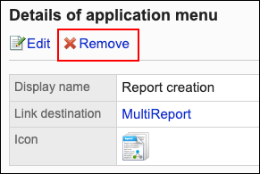 Screenshot: The "Delete" link is highlighted on the "Details of application menu" screen