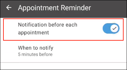 Screenshot: Appointment reminder is highlighted in the settings screen