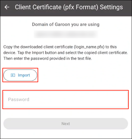 Screenshot: The "Client Certificate (pfx Format) Settings" screen