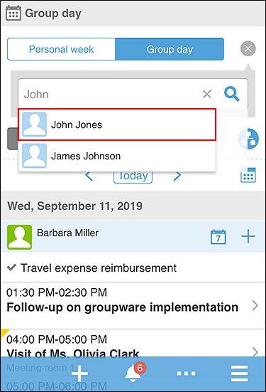 Screenshot: The "Group day" screen with a user in the search result highlighted