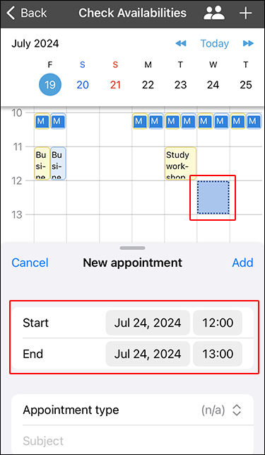 Screenshot: A screen to check availability. One of the available time slots is highlighted