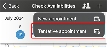 Screenshot: The "Check Availabilities" screen with the "Tentative appointment" link highlighted