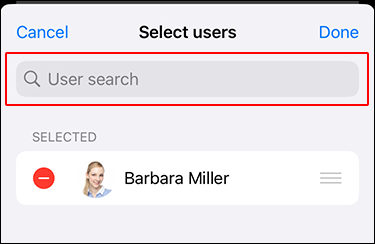 Screenshot: The "Select Users" screen with a keyword in the search box