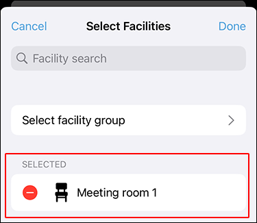 Screenshot: The selected facilities are highlighted on the "Select facilities" screen