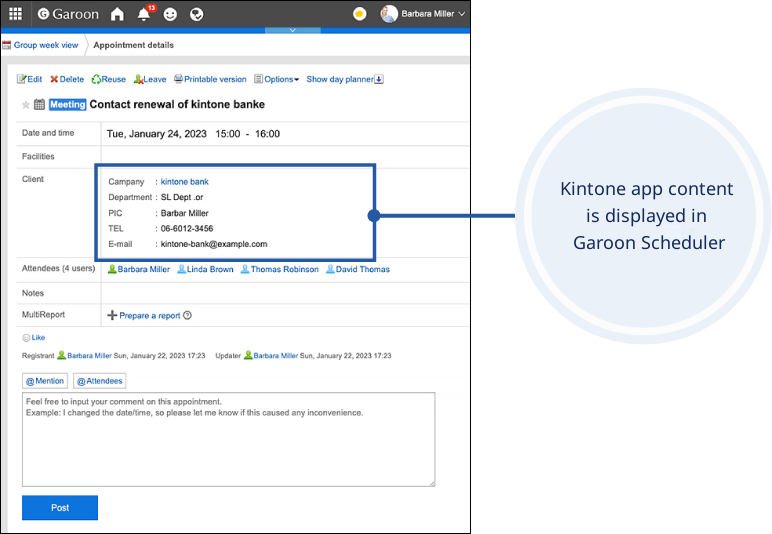 Screenshot: The Scheduler screen of Garoon with a project record view of a linked Kintone app
