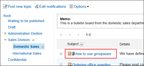 Screenshot: Title of the topic to write a comment is highlighted on the bulletin board screen