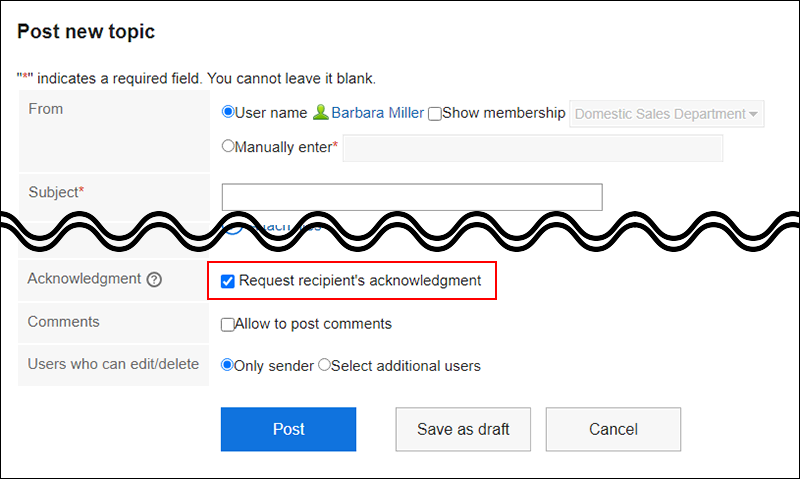 Screen capture: "Request recipient's acknowledgement" checkbox is selected on the "Post new topic" screen
