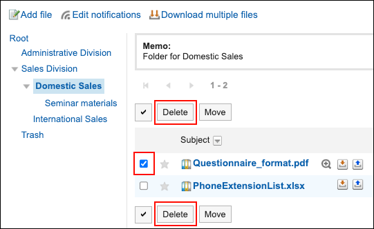 Screenshot: The Cabinet screen showing the "Delete" button and the checkboxes of the files to delete being selected