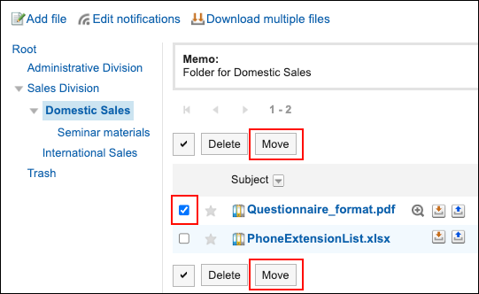 Screenshot: The checkbox for the file to move is selected on the Cabinet screen