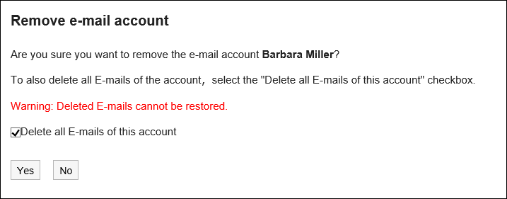 Remove e-mail account screen