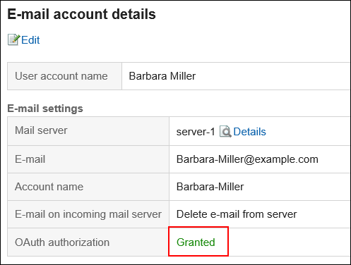Screen capture: OAuth authorization has been granted on the "E-mail account details" screen