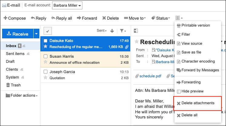 Screenshot: Link to delete attachments is highlighted in the e-mail preview screen