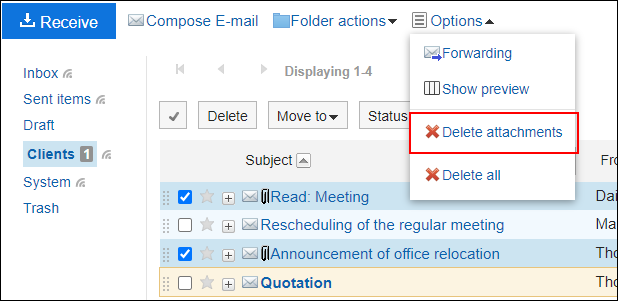 Screenshot: Link to delete attachments is highlighted in the e-mail screen without preview