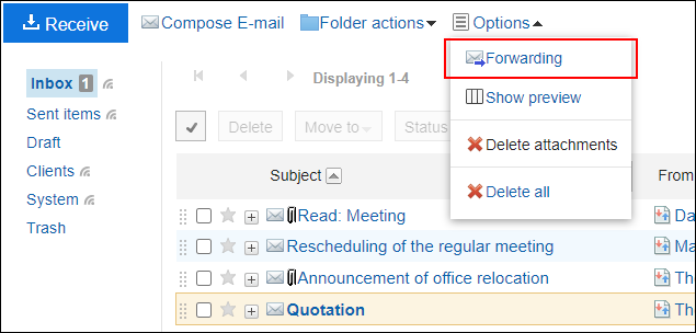 Screenshot: Link of 'Forwarding' is highlighted in the e-mail screen without preview