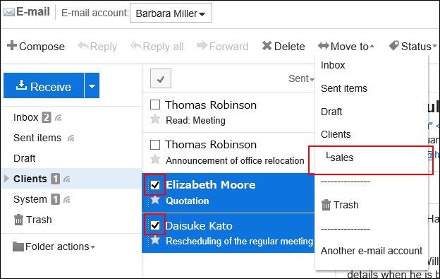 Screenshot: Destination folder is displayed in the e-mail preview screen