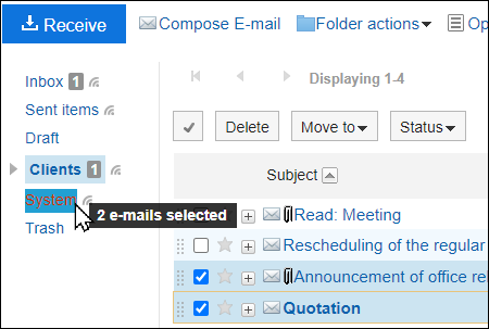 Screenshot: Moving e-mails by dragging and dropping in the e-mail screen without preview