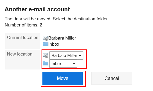 Screenshot: "Another e-mail account" screen. An action link to move is highlighted