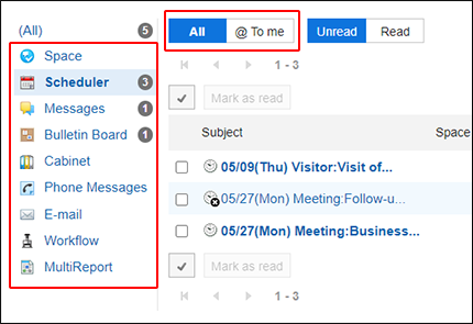 Screenshot: All unread notifications for Scheduler are displayed