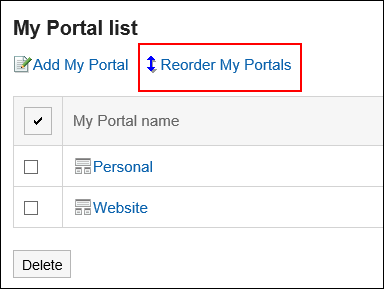 Image shows the reordering My Portals action link